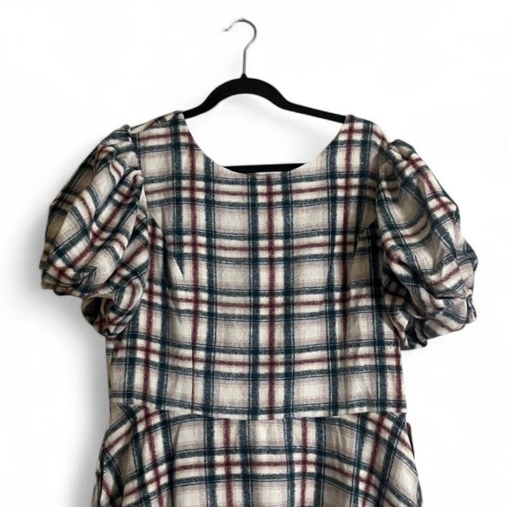 Ivy City Co Plaid Puff-Sleeve Dress in Cream, Green, and Red - Picture 3 of 9
